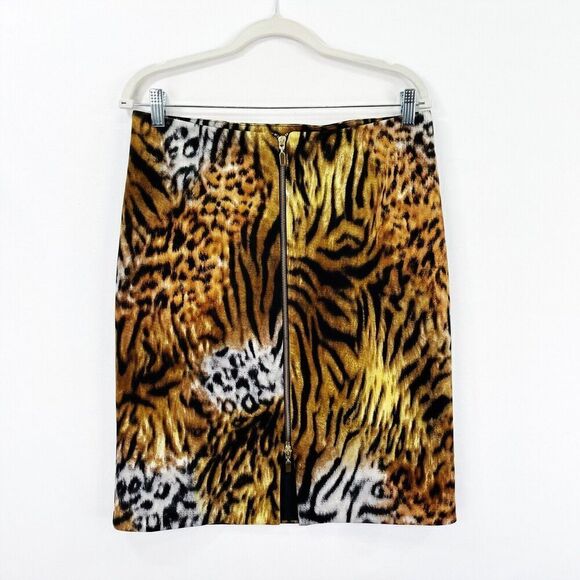 Vtg‎ Cartise Skirt Womens 8 Brown Black Leopard Pencil Skirt Scuba Gold Zipper - Picture 1 of 16